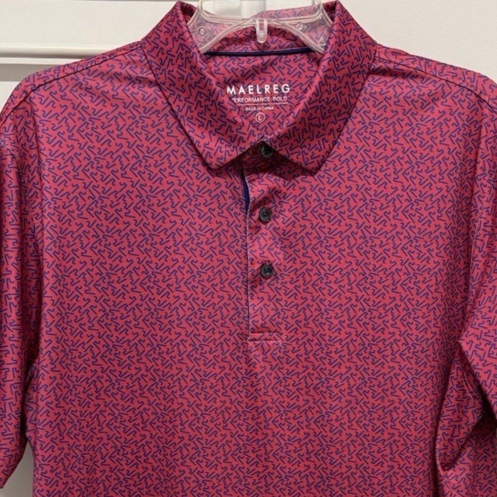 Maelreg Performance Polo Shirt Mens Large Red Blue Geometric Print Golf SS